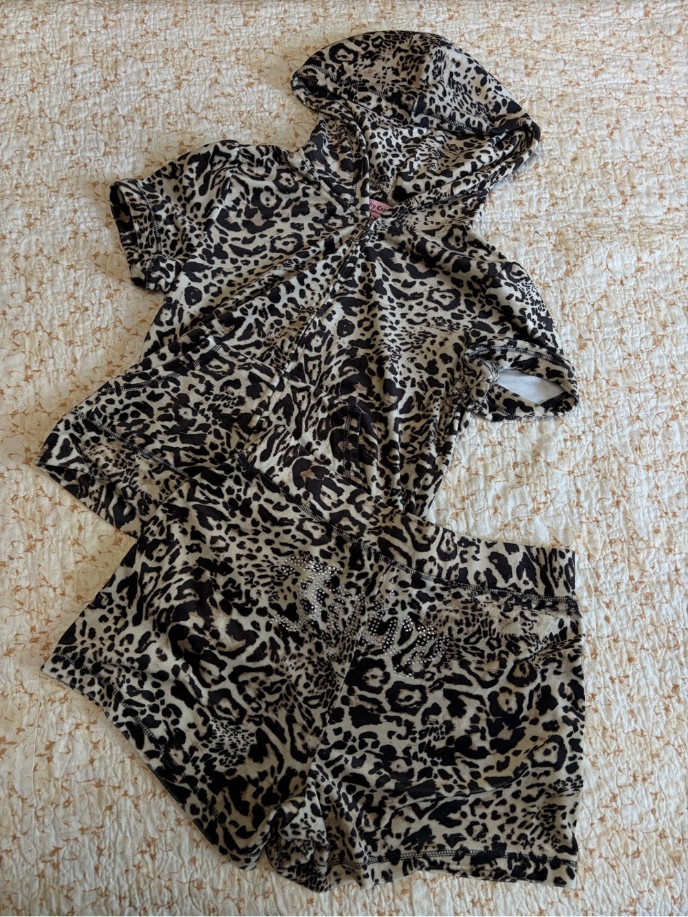 Juicy Couture Taupe and Black Leopard Short Hoodie Set